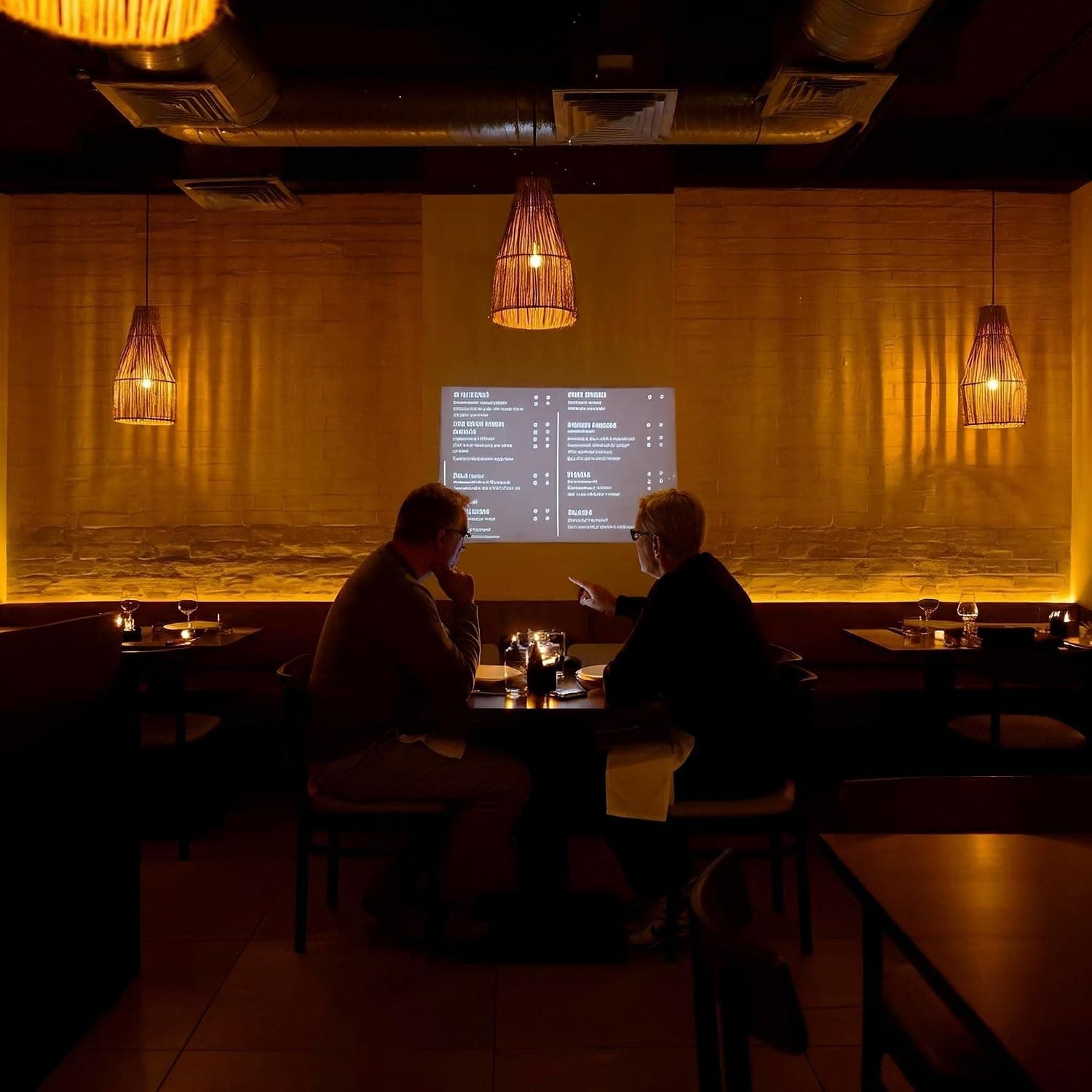 Diners in a restaurant reading a menu projected on the wall
