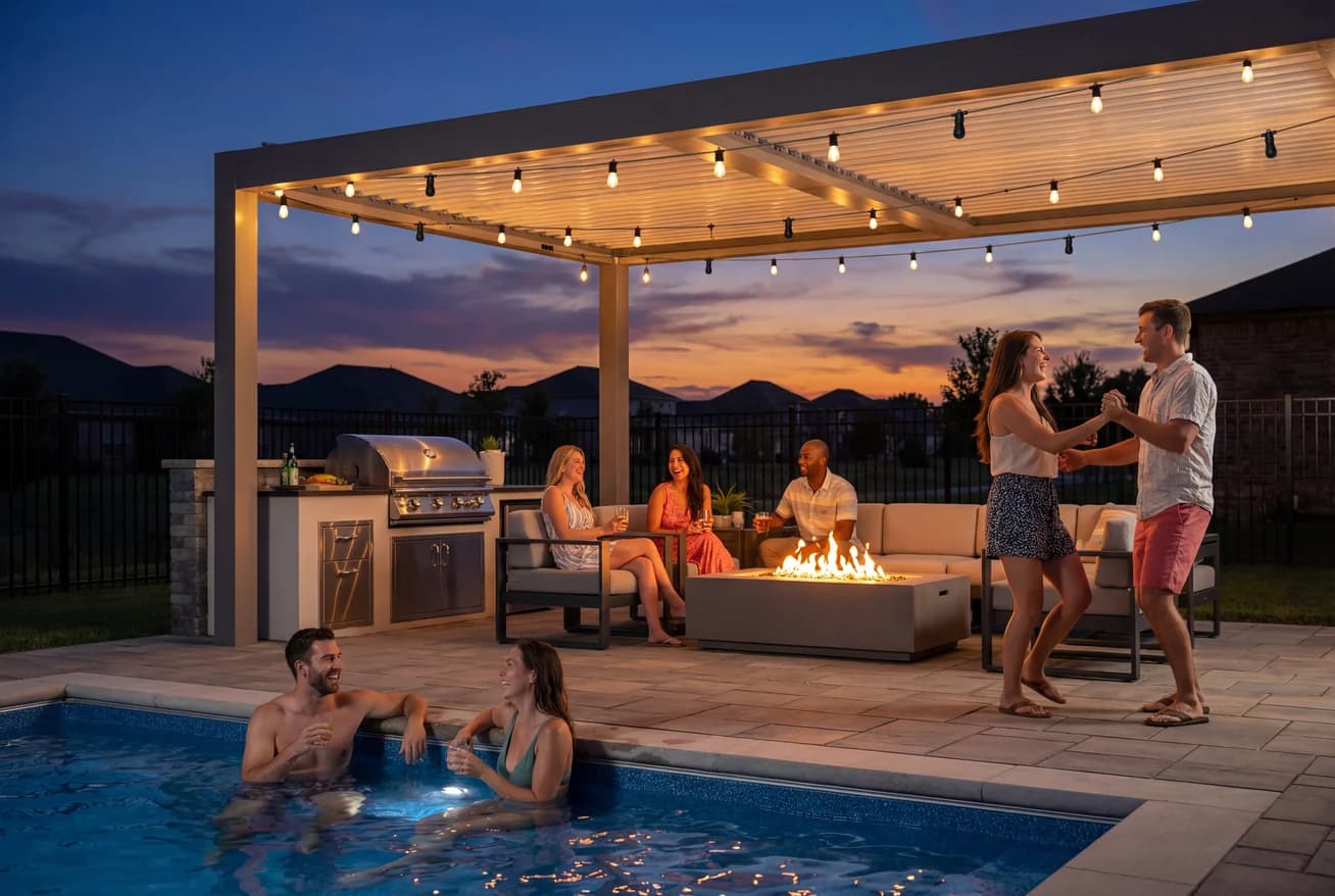 Backyard pool party under string lights at dusk