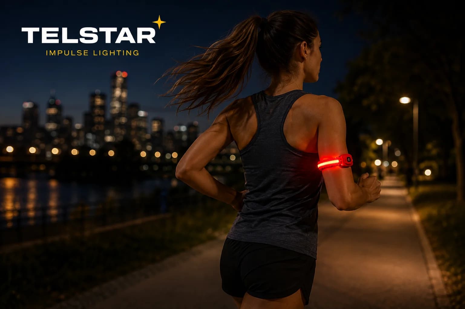 Runner at night wearing a glowing red Telstar armband light