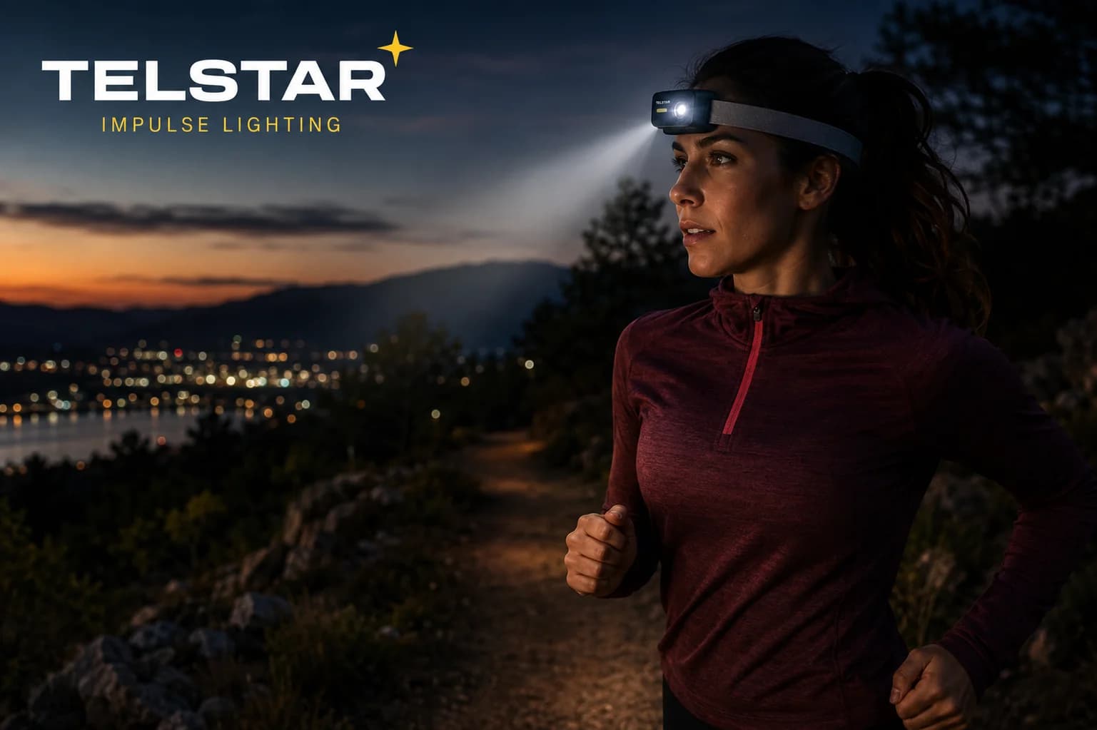 Trail runner at dusk wearing a Telstar headlamp