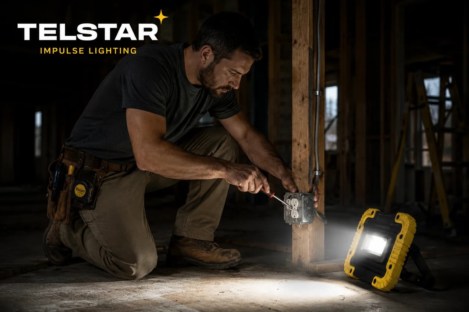 Electrician wiring an outlet by the light of a Telstar work light